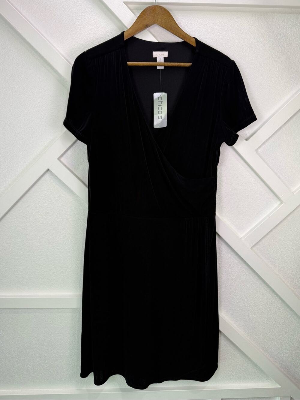 NWT Chico’s Travelers Black Wess Faux Wrap Dress Size 2 L 12 Stretch Career